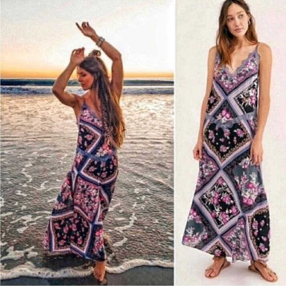 Intimately Free People Stevie Printed Maxi Slip Dress in Graphite Combo Medium - Picture 1 of 11